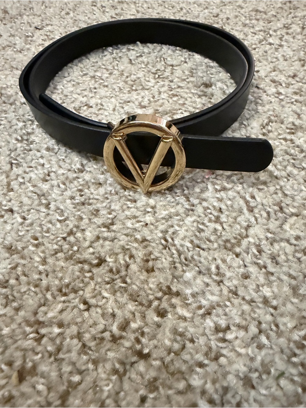 Mario Valentino Black Leather Belt with Gold V Circle Buckle